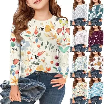 Футболки с длинным рукавом для девочек, детские осенние топы с круглым вырезом и принтом, базовые футболки для детей 5–14 лет 110 синий