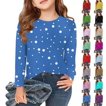 Футболки с длинным рукавом для девочек, детские осенние топы, простые футболки с круглым вырезом и принтом в крапинку, 5–14 лет 110 чёрный