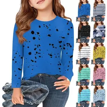 Футболки с длинным рукавом для девочек, детские осенние топы с круглым вырезом и принтом, базовые футболки для детей 5–14 лет 110 чёрный