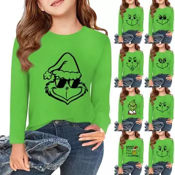 Футболки с длинным рукавом для девочек, детские осенние топы с круглым вырезом, базовые футболки с винтажным графическим принтом, топы для детей 5–14 лет 110