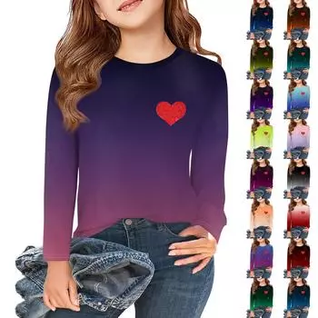 Футболки с длинным рукавом для девочек, детские осенние топы с круглым вырезом и градиентом, базовые футболки для детей 5–14 лет 120 синий