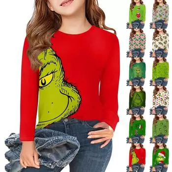 Футболки с длинным рукавом для девочек, детские осенние топы с круглым вырезом, базовые футболки для детей 5–14 лет 160 зелёный