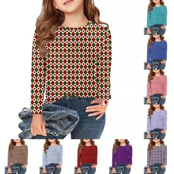 Футболки с длинным рукавом для девочек, детские осенние топы с круглым вырезом и принтом, базовые футболки для детей 5–14 лет 110 горячий розовый