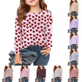 Футболки с длинным рукавом для девочек, детские осенние топы с круглым вырезом и принтом, базовые футболки для детей 5–14 лет 110 бежевый