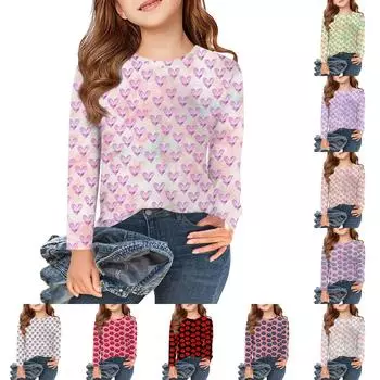 Футболки с длинным рукавом для девочек, детские осенние топы с круглым вырезом и принтом, базовые футболки для детей 5–14 лет 110 бежевый