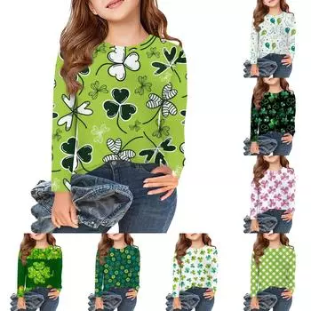 Футболки с длинным рукавом для девочек, детские осенние топы с круглым вырезом и принтом, базовые футболки для детей 5–14 лет 110 армия зеленый