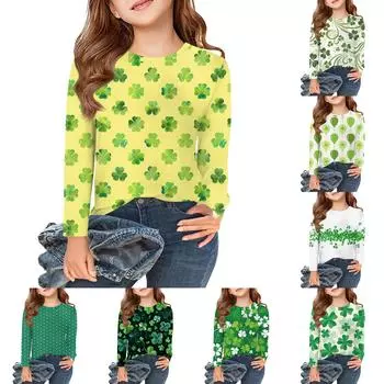 Футболки с длинным рукавом для девочек, детские осенние топы с круглым вырезом и принтом, базовые футболки для детей 5–14 лет 110 армия зеленый