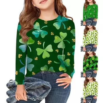Футболки с длинным рукавом для девочек, детские осенние топы с круглым вырезом и принтом, базовые футболки для детей 5–14 лет 110 темно-зеленого