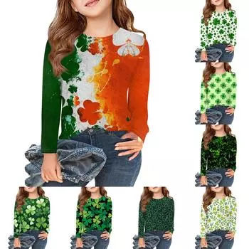 Футболки с длинным рукавом для девочек, детские осенние топы с круглым вырезом и принтом, базовые футболки для детей 5–14 лет 110 армия зеленый