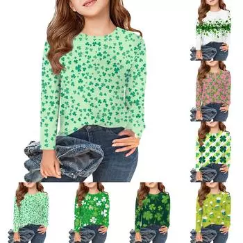 Футболки с длинным рукавом для девочек, детские осенние топы с круглым вырезом и принтом, базовые футболки для детей 5–14 лет 110 армия зеленый
