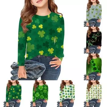 Футболки с длинным рукавом для девочек, детские осенние топы с круглым вырезом и принтом, базовые футболки для детей 5–14 лет 110 армия зеленый