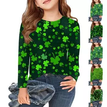 Футболки с длинным рукавом для девочек, детские осенние топы с круглым вырезом и принтом, базовые футболки для детей 5–14 лет 110 темно-зеленого