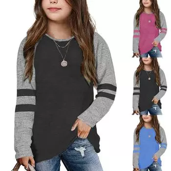 Футболки с длинным рукавом для девочек, детские осенние топы, базовые футболки с круглым вырезом One Size чёрный