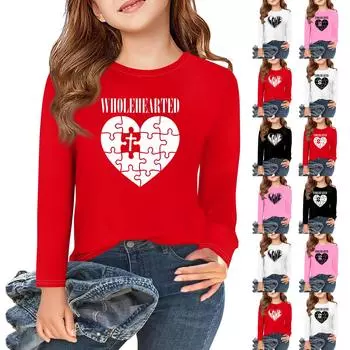 Футболки с длинным рукавом для девочек Love ко Дню святого Валентина, детские осенние топы с круглым вырезом, базовые футболки для детей 5-14 лет 160 розовый