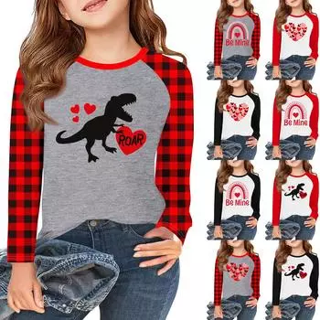 Футболки с длинным рукавом для девочек Love ко Дню святого Валентина, детские осенние топы с круглым вырезом, базовые футболки для детей 5-14 лет 6 чёрный