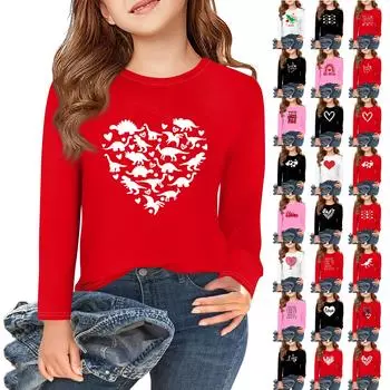Футболки с длинным рукавом для девочек Love ко Дню святого Валентина, детские осенние топы с круглым вырезом, базовые футболки для детей 5-14 лет 120 бежевый