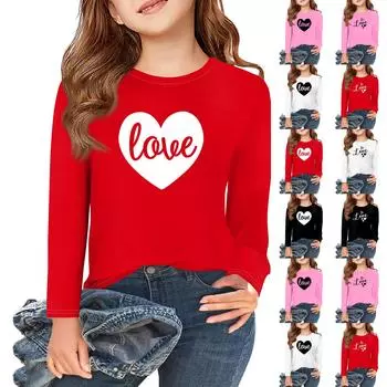 Футболки с длинным рукавом для девочек Love ко Дню святого Валентина, детские осенние топы с круглым вырезом, базовые футболки для детей 5-14 лет 160 розовый