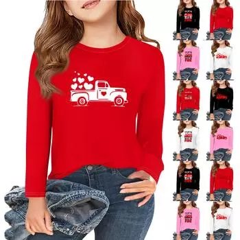 Футболки с длинным рукавом для девочек Love ко Дню святого Валентина, детские осенние топы с круглым вырезом, базовые футболки для детей 5-14 лет 160 чёрный