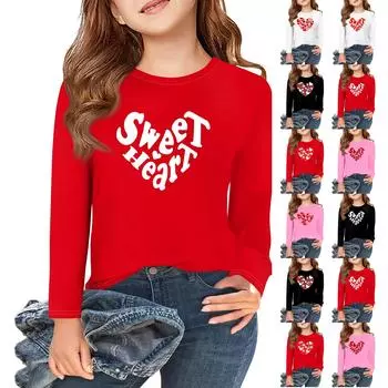 Футболки с длинным рукавом для девочек Love ко Дню святого Валентина, детские осенние топы с круглым вырезом, базовые футболки для детей 5-14 лет 160