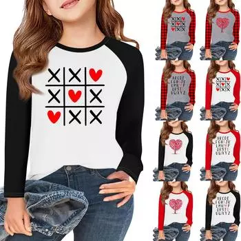 Футболки с длинным рукавом для девочек Love ко Дню святого Валентина, детские осенние топы с круглым вырезом, базовые футболки для детей 5-14 лет 10 чёрный
