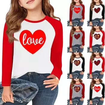 Футболки с длинным рукавом для девочек Love ко Дню святого Валентина, детские осенние топы с круглым вырезом, базовые футболки для детей 5-14 лет 8