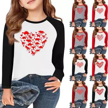 Футболки с длинным рукавом для девочек Love ко Дню святого Валентина, детские осенние топы с круглым вырезом, базовые футболки для детей 5-14 лет 2 киноварь