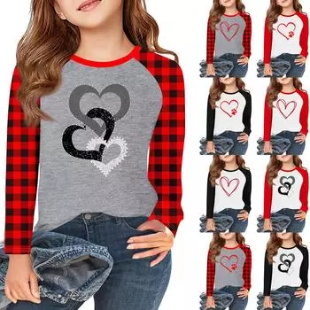 Футболки с длинным рукавом для девочек Love ко Дню святого Валентина, детские осенние топы с круглым вырезом, базовые футболки для детей 5-14 лет 6