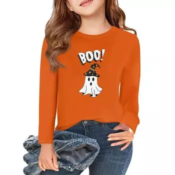 Футболки с длинным рукавом для девочек на Хэллоуин, детские осенние топы с круглым вырезом, базовые футболки 2-11 лет 110 бежевый