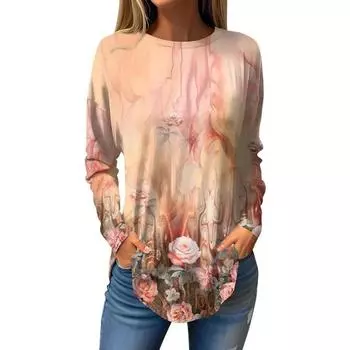 Футболки с длинным рукавом и 3D-принтом, топ с круглым вырезом и цветочным принтом для женской одежды S