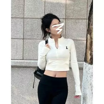 Футболки с длинным рукавом и высокой молнией для женщин, футболки с воротником-стойкой, простые однотонные повседневные футболки для девочек, женские спортивные топы S