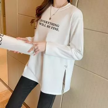 Футболки с длинным рукавом из чистого хлопка Harajuku с надписями, женские осенние топы Y2k Aesthetic, повседневные футболки большого размера с боковыми разрезами, уличная одежда M