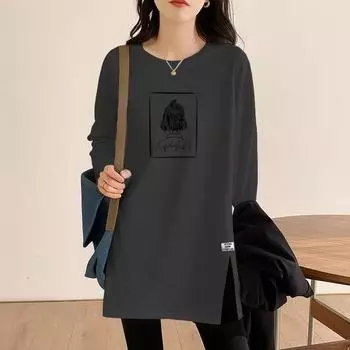 Футболки с длинным рукавом из хлопка Harajuku для женщин, осенние эстетические топы Y2k, повседневные футболки большого размера с боковыми разрезами и рисунком в уличном стиле M