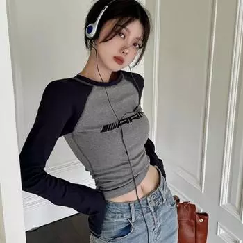 Футболки с длинным рукавом с принтом для женщин, обтягивающие, сексуальные, уличная, Харадзюку, элегантные, винтажные, одежда 2000 года, топы, американское ретро M серый