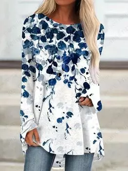 Футболки с длинным рукавом с принтом листьев 3D, женская модная футболка, женские топы, футболки, женские туники, топы, женская одежда, повседневная футболка, повседневная S