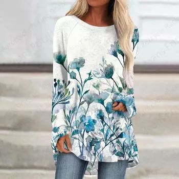 Футболки с длинным рукавом с принтом листьев 3D, женская модная футболка, женские топы, футболки, женские туники, топы, женская одежда, повседневная футболка, повседневная S