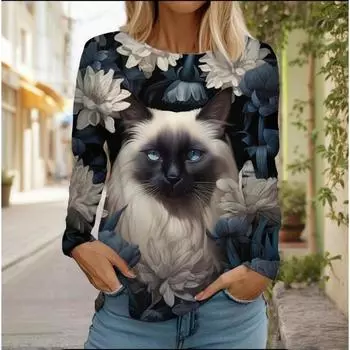 Футболки с длинным рукавом с рисунком кошки, женские футболки с 3D-принтом, модная одежда на выходные, забавная, с круглым вырезом, стандартный крой, весна и осень S