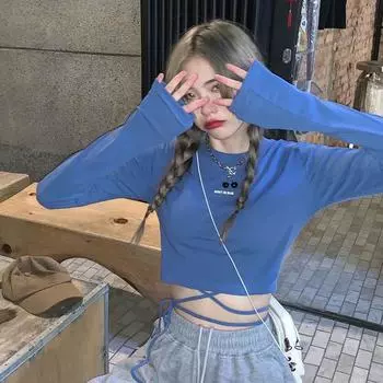 Футболки с длинным рукавом, женские дизайнерские сексуальные укороченные топы с повязками, Harajuku Ulzzang Street Spring, женские Ropa, популярные обтягивающие новые M чёрный