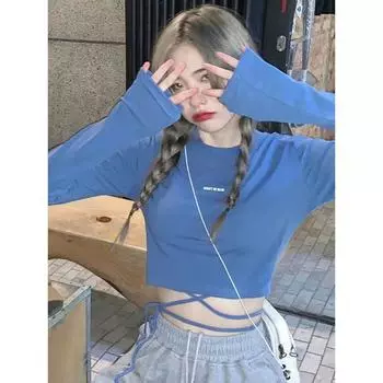 Футболки с длинным рукавом, женские дизайнерские сексуальные укороченные топы с повязками, Harajuku Ulzzang Street Spring, женские горячие обтягивающие новые S чёрный