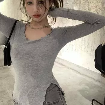 Футболки с длинным рукавом, женские футболки с неровным подолом, стройные осенние футболки, шикарные модные сексуальные однотонные футболки Ulzzang, новинка S чёрный