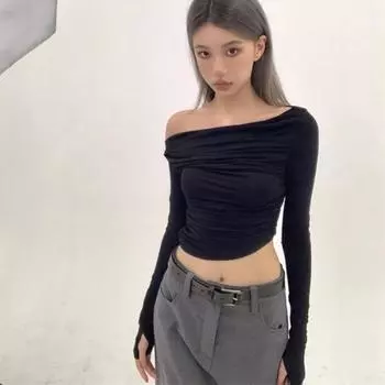 Футболки с длинным рукавом, женские осенние сексуальные облегающие плиссированные футболки с разрезом на шее для девочек, универсальные с открытыми плечами, с открытой спиной, мягкие однотонные S чёрный