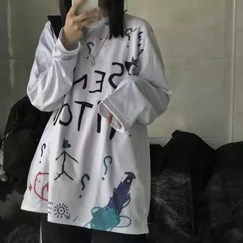 Футболки с длинным рукавом женские с буквенным принтом топы BF женские шикарные модные универсальные свободные футболки в стиле ретро женские повседневные топы M серый