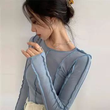 Футболки с длинным рукавом женские весенние однотонные с круглым вырезом элегантные яркие линии украшения тонкие повседневные мягкие высококачественные женские футболки S чёрный