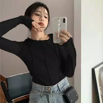 Футболки с длинным рукавом женские весенние однотонные с круглым вырезом элегантные яркие линии украшения тонкие повседневные мягкие высококачественные женские футболки S чёрный