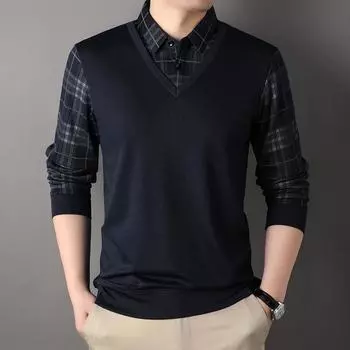 Футболки с длинными рукавами для пап на весну и осень, повседневные свитера для мужчин среднего и пожилого возраста, осенние праздничные топы из двух частей M