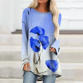 Футболки с длинными рукавами и цветочным 3D принтом, винтажные женские повседневные модные футболки с цветочным принтом, уличная одежда больших размеров, женские футболки, топы, одежда 4XL