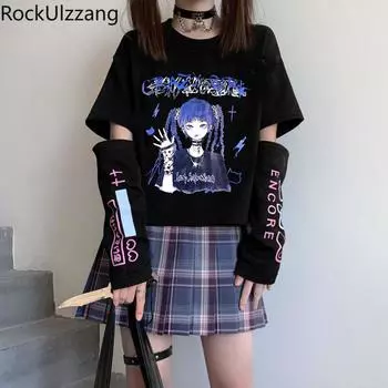 Футболки с длинными рукавами и графическим принтом для девочек в стиле готического аниме, женская футболка в стиле Харадзюку, японская уличная одежда, топ в стиле Лолиты, студента-подростка, каваи S белый