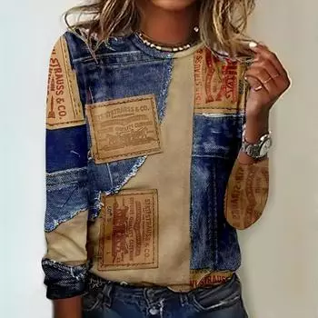 Футболки с длинными рукавами и принтом Fake Cowboys Splicing Print 2024 года, модные женские футболки, топы, осенние тренды, женская одежда, пуловер S