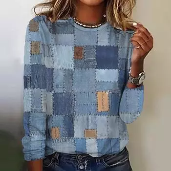 Футболки с длинными рукавами и принтом Fake Cowboys Splicing Print 2024 года, модные женские футболки, топы, осенний тренд, хлопковая женская одежда, пуловер S