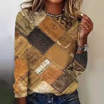 Футболки с длинными рукавами и принтом Fake Cowboys Splicing, модные женские футболки, топы, осенний тренд, хлопковая женская одежда, пуловер XS