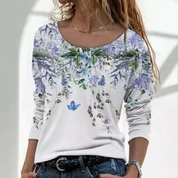 Футболки с длинными рукавами и принтом Flower Series 3D, повседневные свободные женские футболки с круглым вырезом S